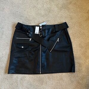 Black Faux Leather Zip Front Mini Skirt with Belt